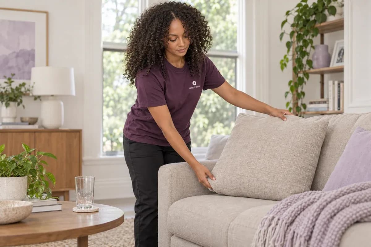 A cleaner straightens a sofa cushion after a gathering.