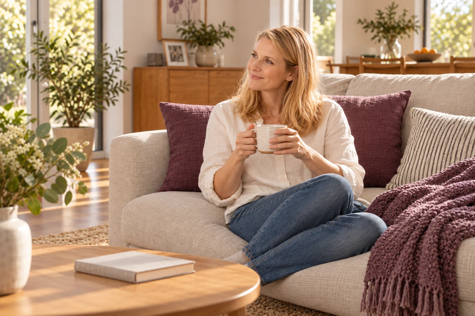 A woman taking a quiet moment with a cup of tea in a lived-in home
