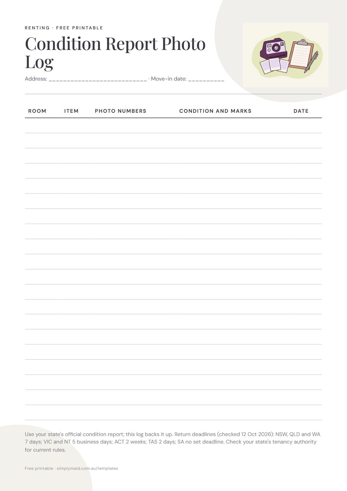 Condition Report Photo Log, page 1 of 1 (Neutral)