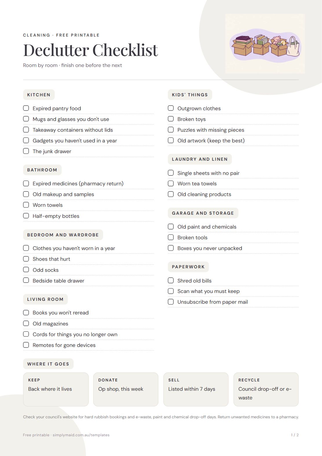 Declutter Checklist, page 1 of 2 (Neutral)