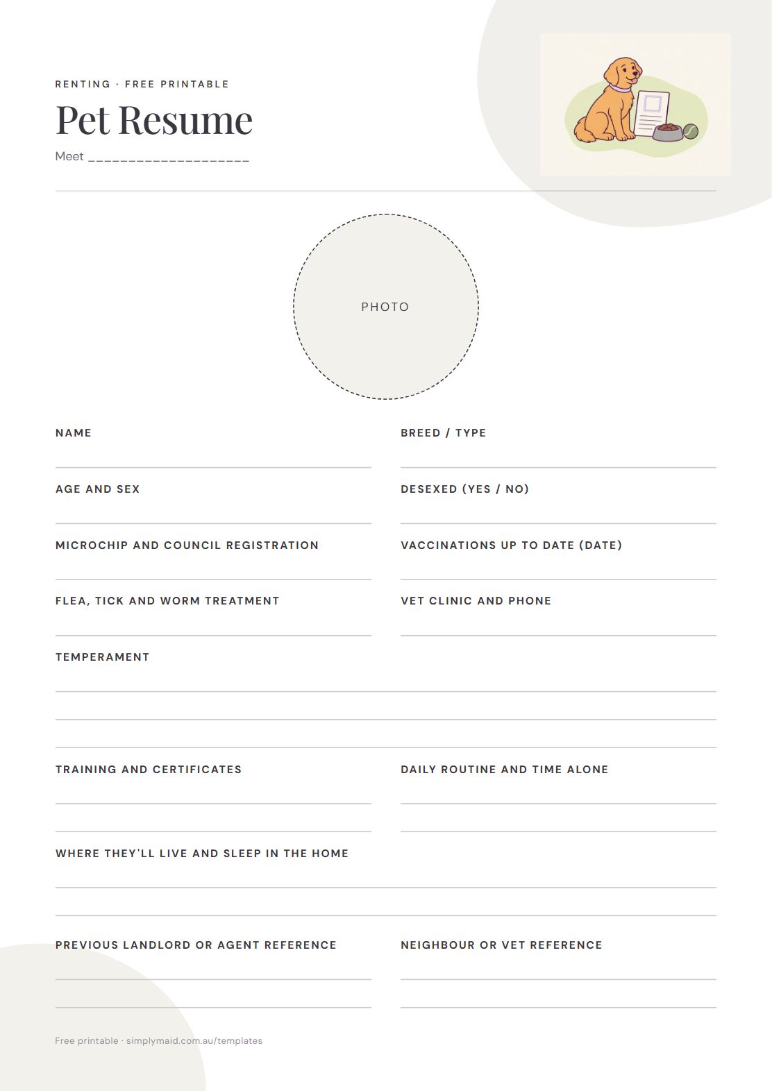 Pet Resume, page 1 of 1 (Neutral)