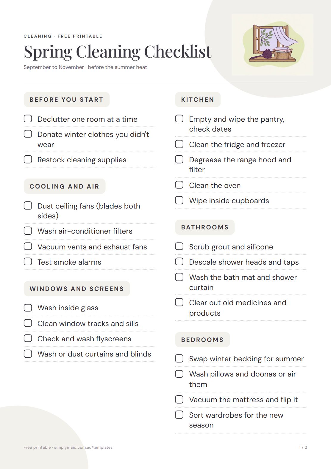 Spring Cleaning Checklist, page 1 of 2 (Neutral)
